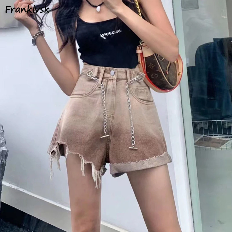 

Gradient Color Shorts Women Denim Cuffs Elegant High Waist Hotsweet Summer Asymmetrical Frayed Washed Harajuku Fashion Casual