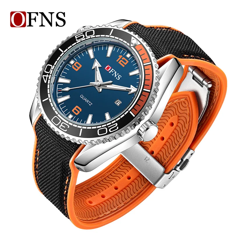 OFNS Fashion Business Leisure Men's Quartz Watch Calendar 3ATM Waterproof 3D Luminous Gear Crown Rotating bezel