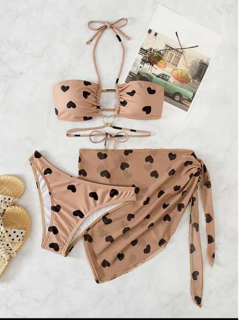 Women heart print halter bikini sets three pieces with cover skirt thong swimsuit Swimwear bathing suit beach outfits biquini