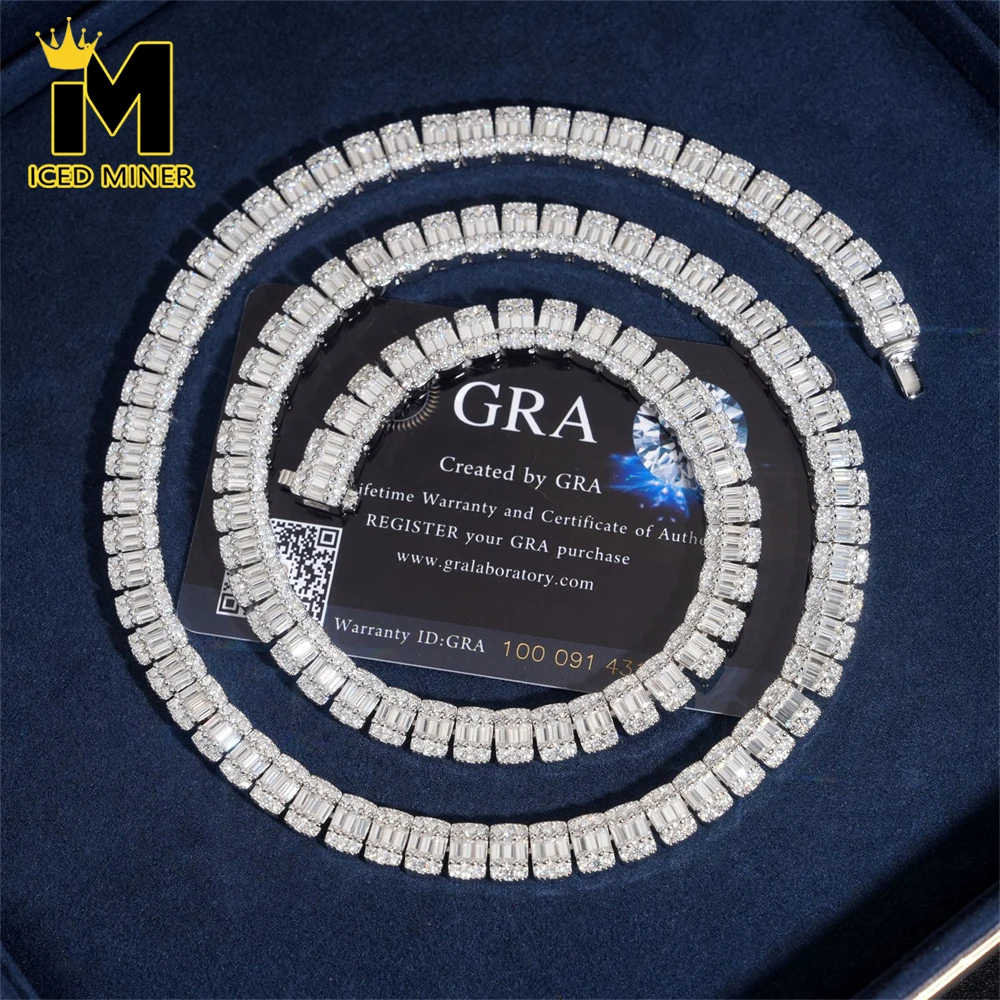 Icedminer 8mm VVS Baguettes Moissanite Tennis Link Chain Iced Out Necklaces For Men Women S925 Silver Choker Pass Tester Hip Hop