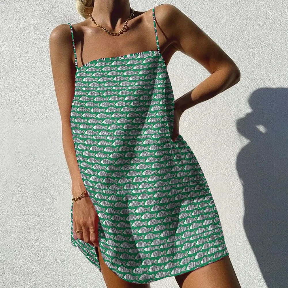 Women's Casual Small Fish Printed Bean Green One-Piece Sundress Frock Y2K Retro Style Braces Skirt Small & Fresh Fashion Summer