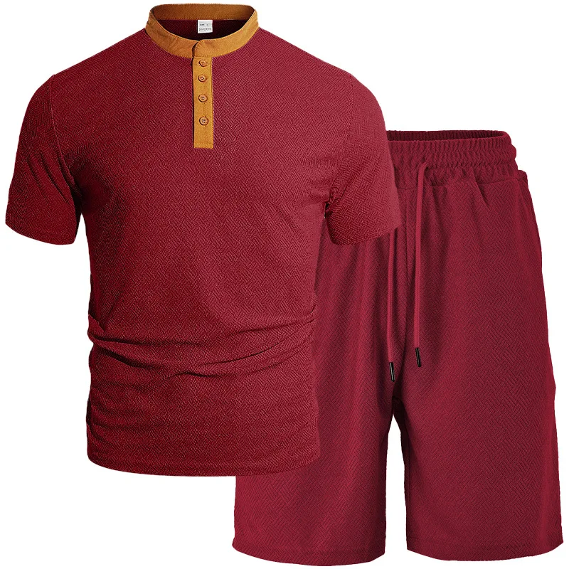 Summer Lapel Splicing Zipper Two-piece Set Towel Jacquard Cloth Men's Leisure Sports Suit  T-Shirts Co-ords