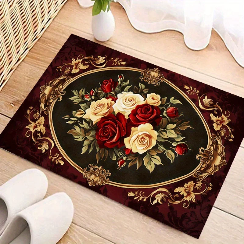Retro Floral Area Rug Luxury Red White Rose Design Floor Mat for Entryway Bedroom Living Room Non-Patchwork Large Size Carpet