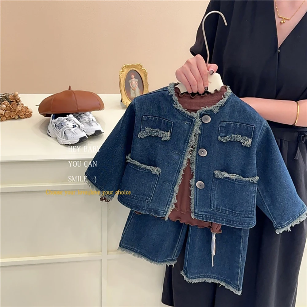 

Kids Girl Denim Jackets+Wide-leg Jeans 2Pcs Fashion Children Clothes Sets Baby Girls Long Sleeve Tassel Denim Coats Outfit Suit