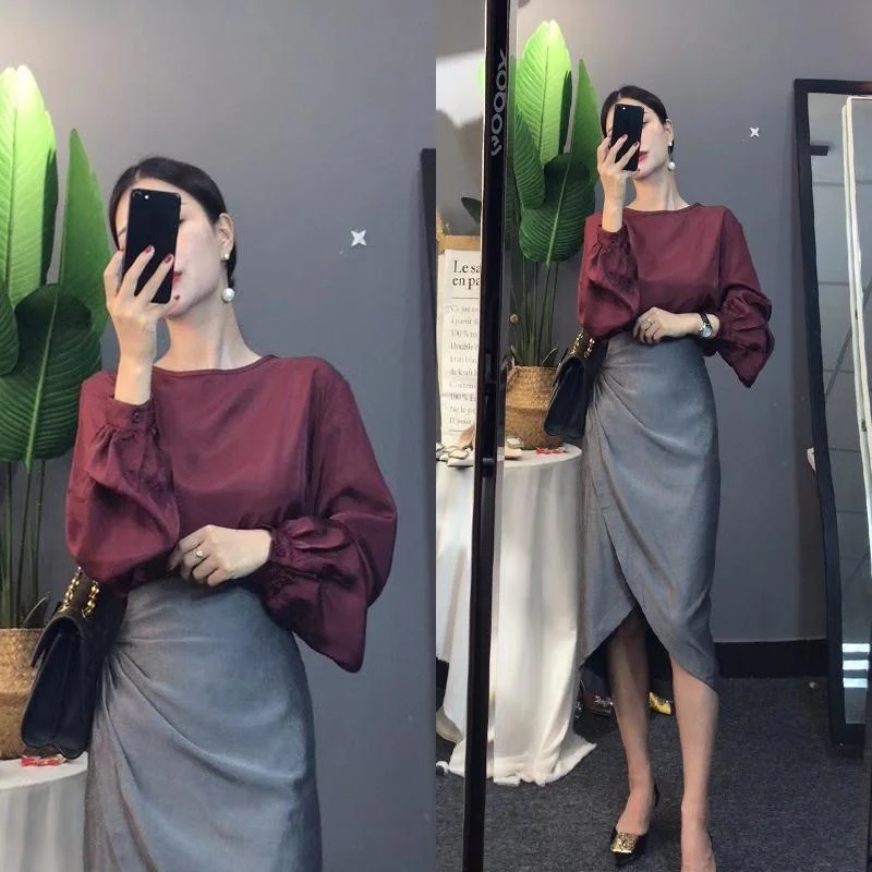 

New Korean Version Pullover Long-sleeved Shirt Wrapped Arm Pleated Two-piece Suit Skirt For Women Elegant Casual Sundresses