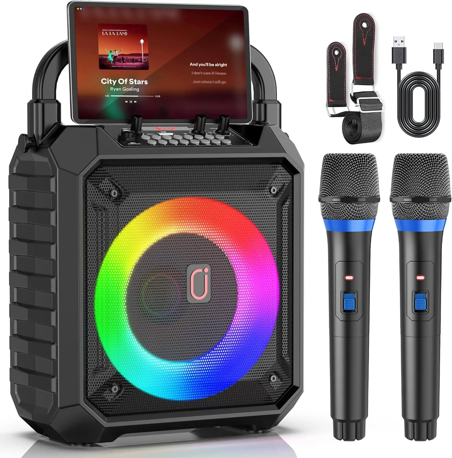 

Portable Karaoke Speaker with 2 Wireless Mics, Bluetooth 5.3, DJ Lights, FM/USB/AUX/TF Playback for Home Party & Outdoor Events