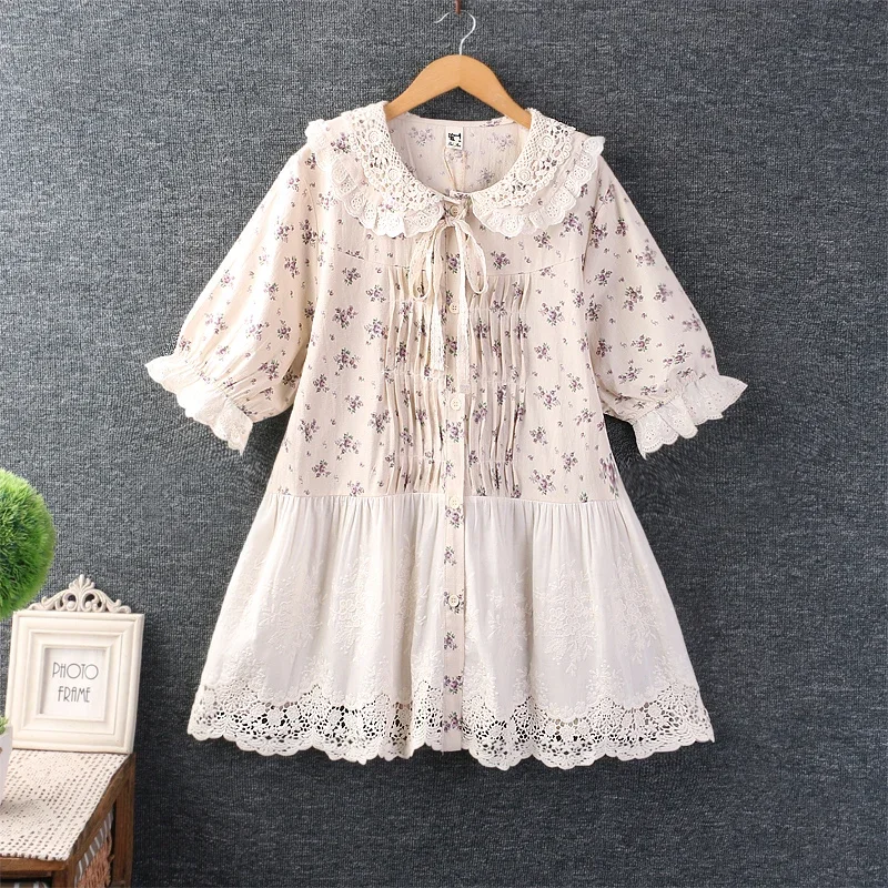 Summer New Sweet Mori Style Hollow Hem Floral Print Shirt Women Short Sleeve Single Breasted Embroidered Cotton Tops
