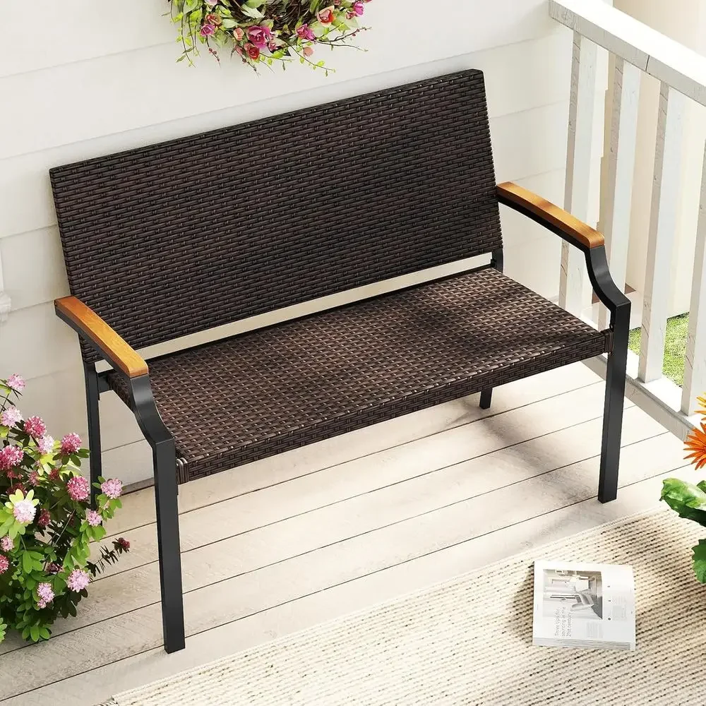 Stackable 2-Person Wicker Loveseat Bench with Wooden Armrests for Outdoor, Garden, Balcony, Porch (Mix Brown)