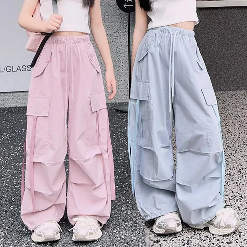 Tween Children Side Woven Tape Design Cargo Pants for Girls Fashion Street Cargo Trousers With Pocket Kids Teenagers Sweatpants