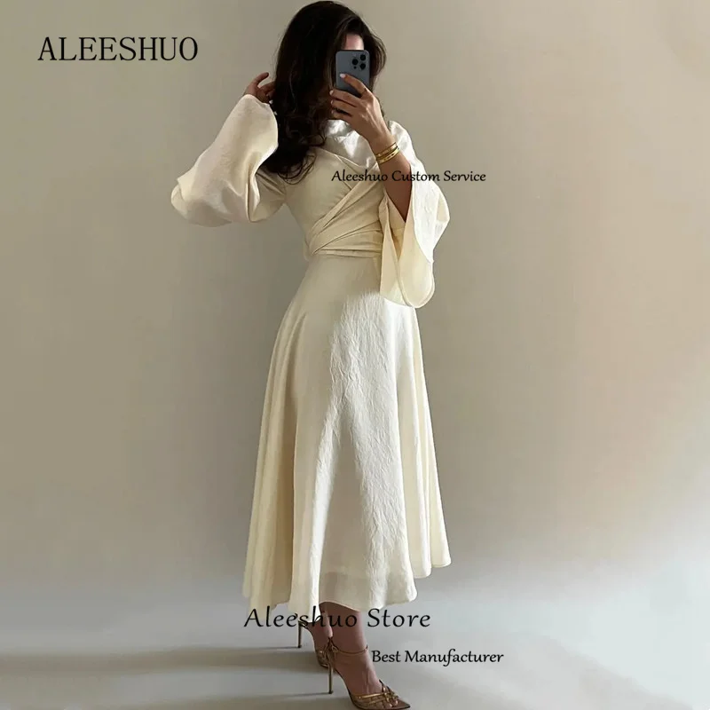 Aleeshuo Einfache Saudi-Arabien einfarbig Langarm Vestidos De Noche A-Line Plissee Chiffon Oansatz Knöchel-Länge Angepasst