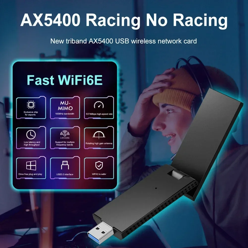 5400Mbps 와이파이 6E 네트워크 카드 USB 3.0 와이파이 어댑터, 트라이 밴드 2.4G 5G 6G 와이파이 리시버 동글, PC 노트북 윈도우 11 10