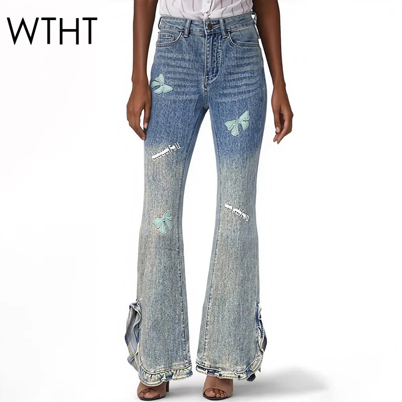 

WTHT Модные новые женские джинсы-клеш с эффектом потертости и градиентным принтом бабочек, весна 2026, с высокой талией, прямые джинсовые брюки, женские, 1LS3030
