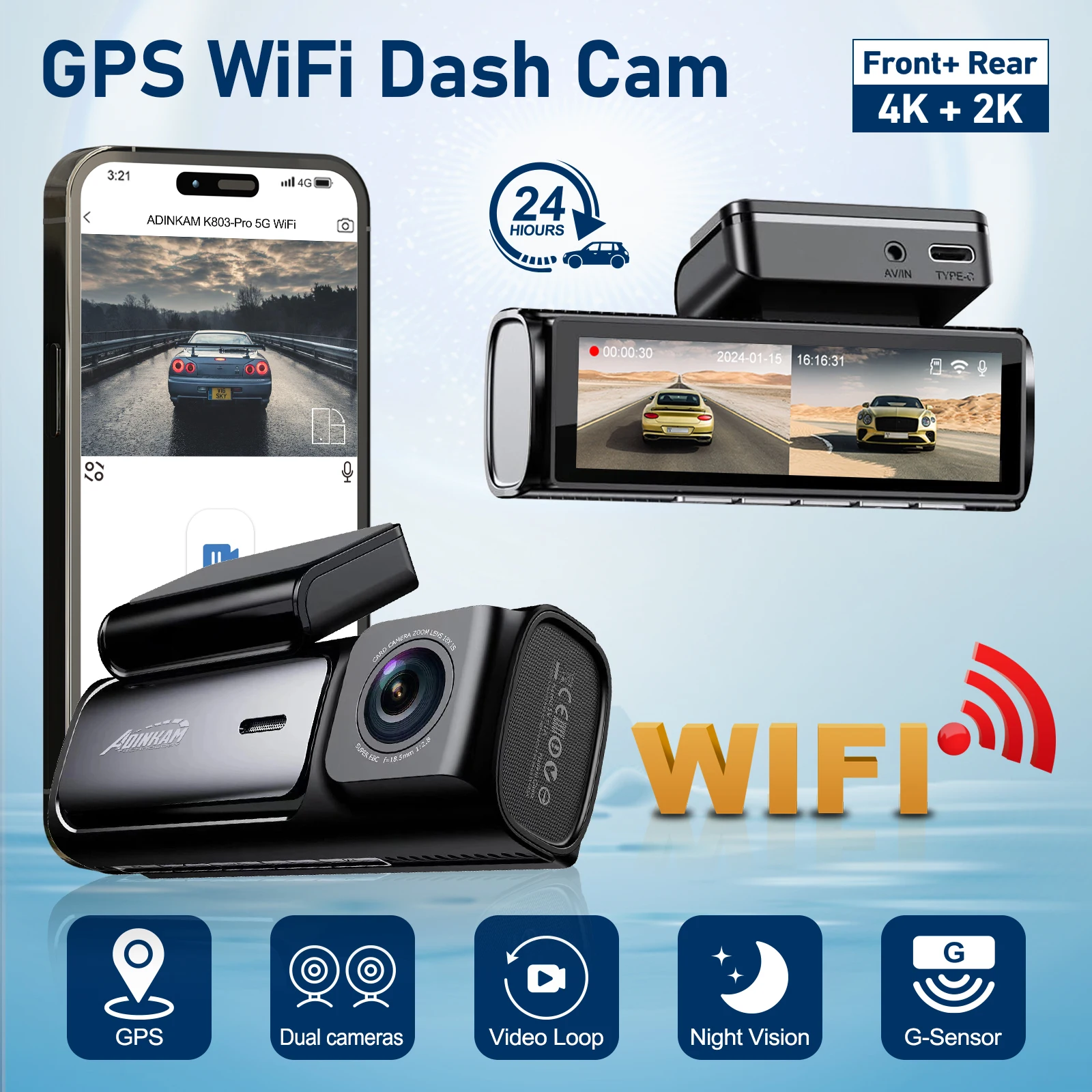 Adinkam K803 Pro 4K+2K Dual Dash Cam Built-in GPS, 5.8GHz WiFi Car DVR, Night Vision, 24H Parking Mode, 3.59