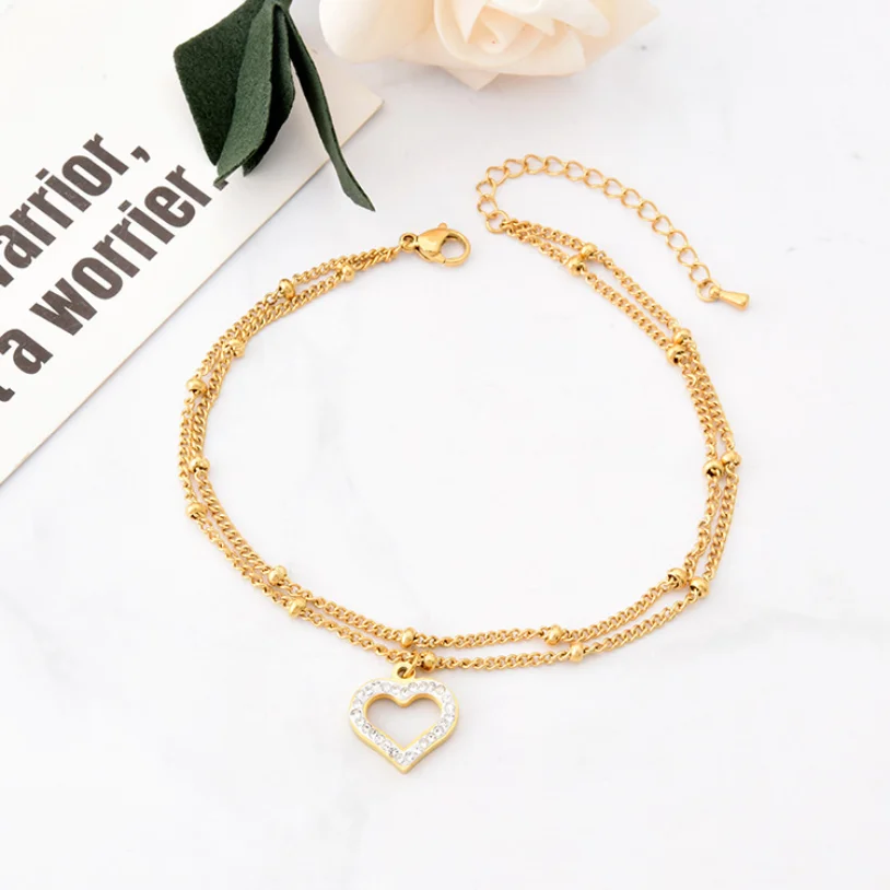 316L Stainless Steel New Fashion High-end Jewelry Embedded Zircon Love Heart Shape Charm 2 Layer Beaded Chain Anklet For Women