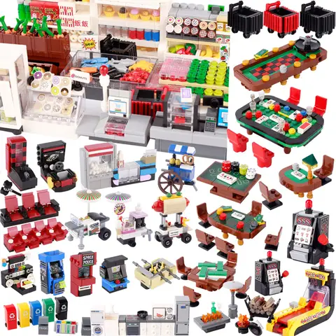 City Street View Scene Building Blocks Furniture Supermarket Cinema Games Console Kitchen Appliances Food Drink Bricks Toys Gift
