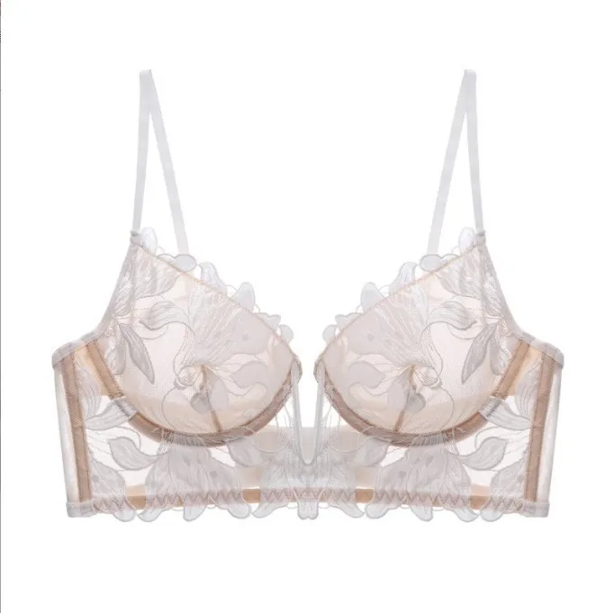 Flirty Sujetador de encaje bordado en V profundo – Diseño transparente ultrafino sin relleno, escote ajustable para la noche de cita de las mujeres