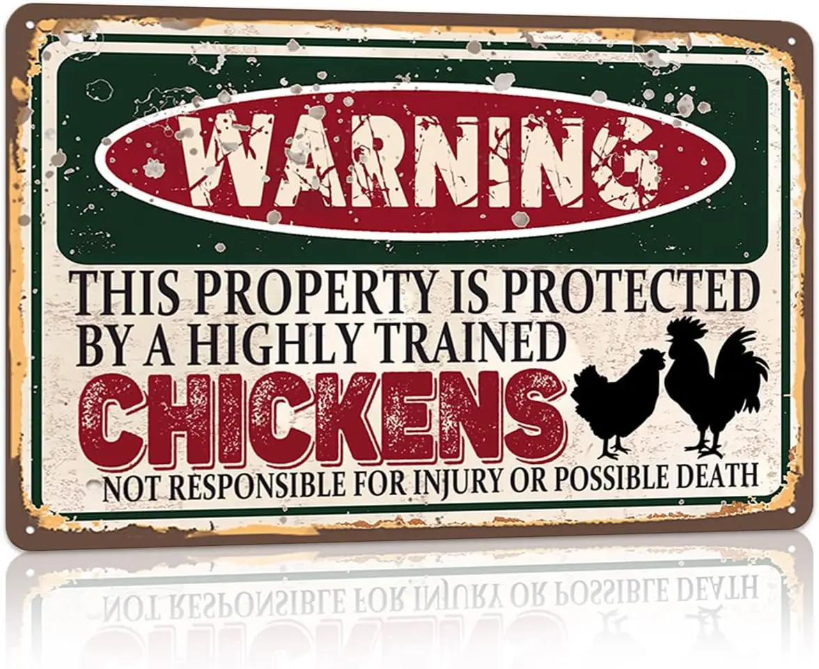 Vintage Chickens Metal Sign chicken coop accessories farmhouse decor | Warning this property is protected by a highly trained Ch