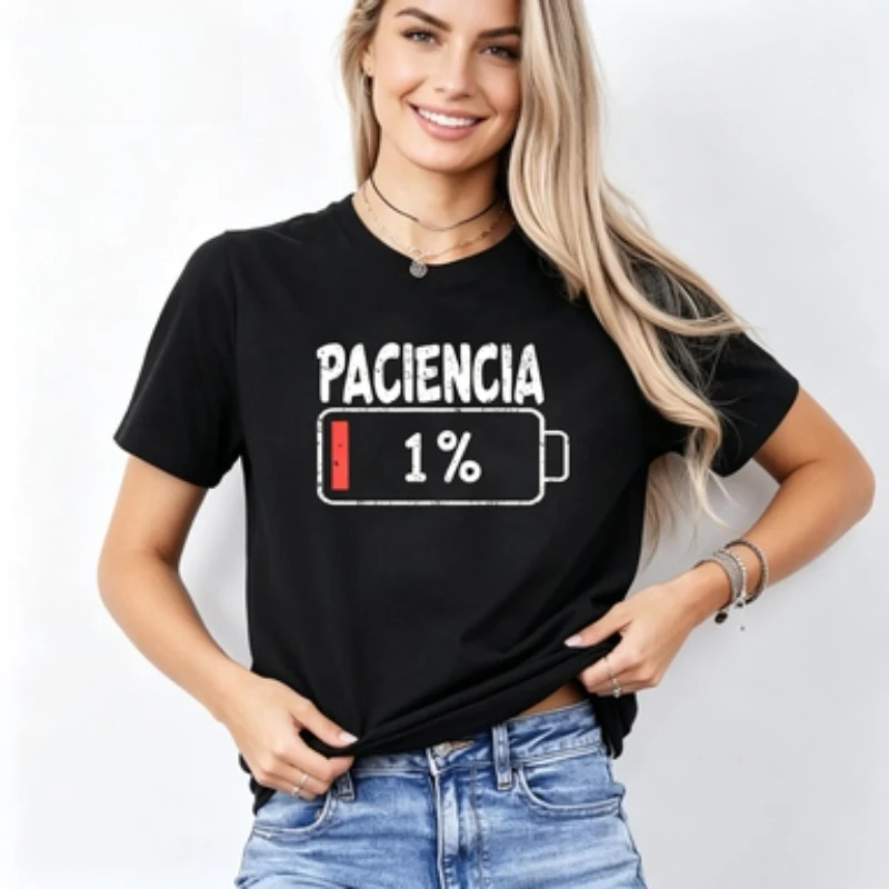 T-shirt Paciencia 1 Percent Battery, t-shirt graphique drôle avec motif de meme sur le thème de la faible patience, haut décontracté noir et blanc pour hommes et femmes