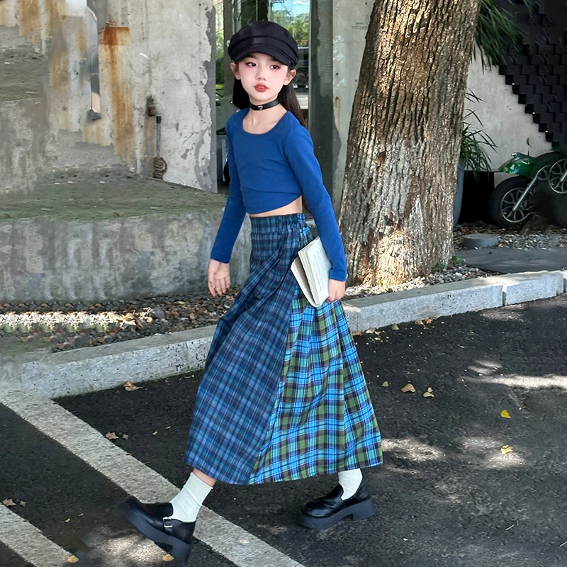 Autumn teen Girl clothes set Knitted top+long Color blocked plaid skirt 2pcs junior kid suit child outfits ensemble enfant fille