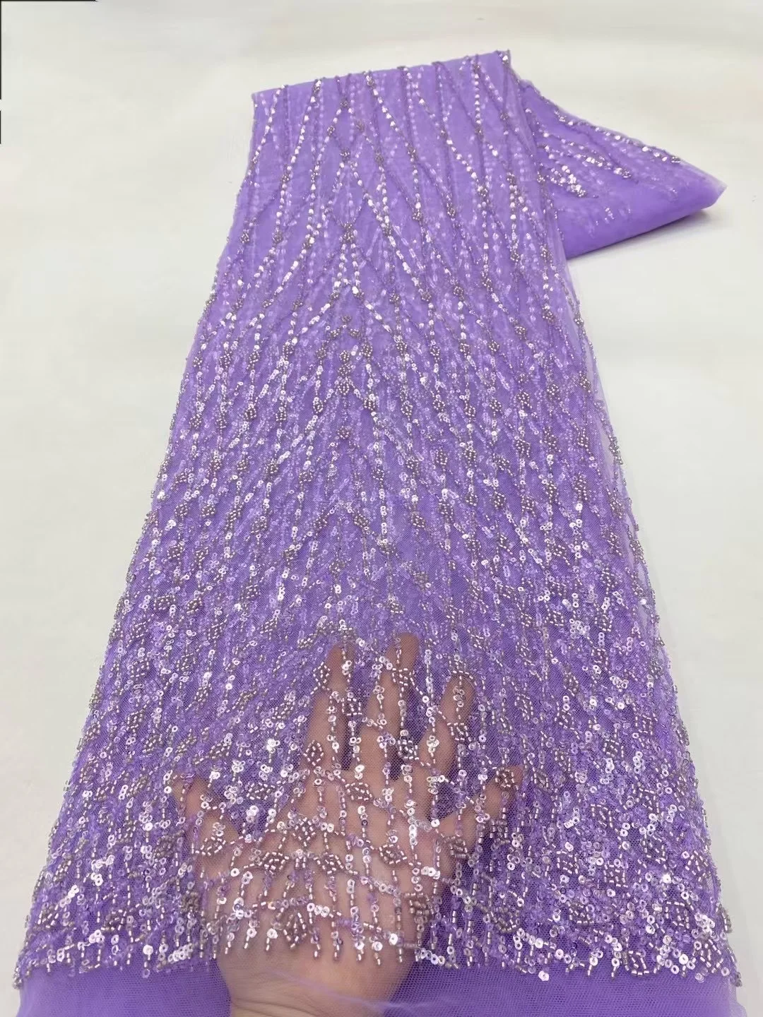 Luxury Purple Sequins Tube Beads Lace Fabric For Wedding 2025 New Design French African Tulle Mesh Lace For Evening Dress