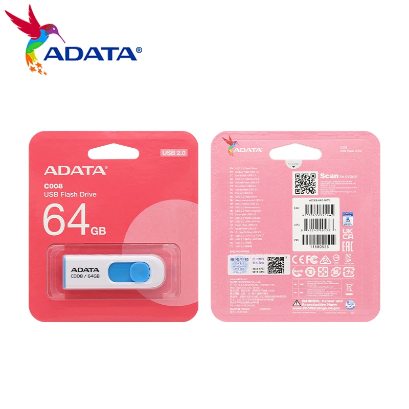 ADATA-Clé USB C008 rétractable haute vitesse pour ordinateur PC et TV, clé USB d'origine, clé USB, 64 Go, 32 Go, 16 Go