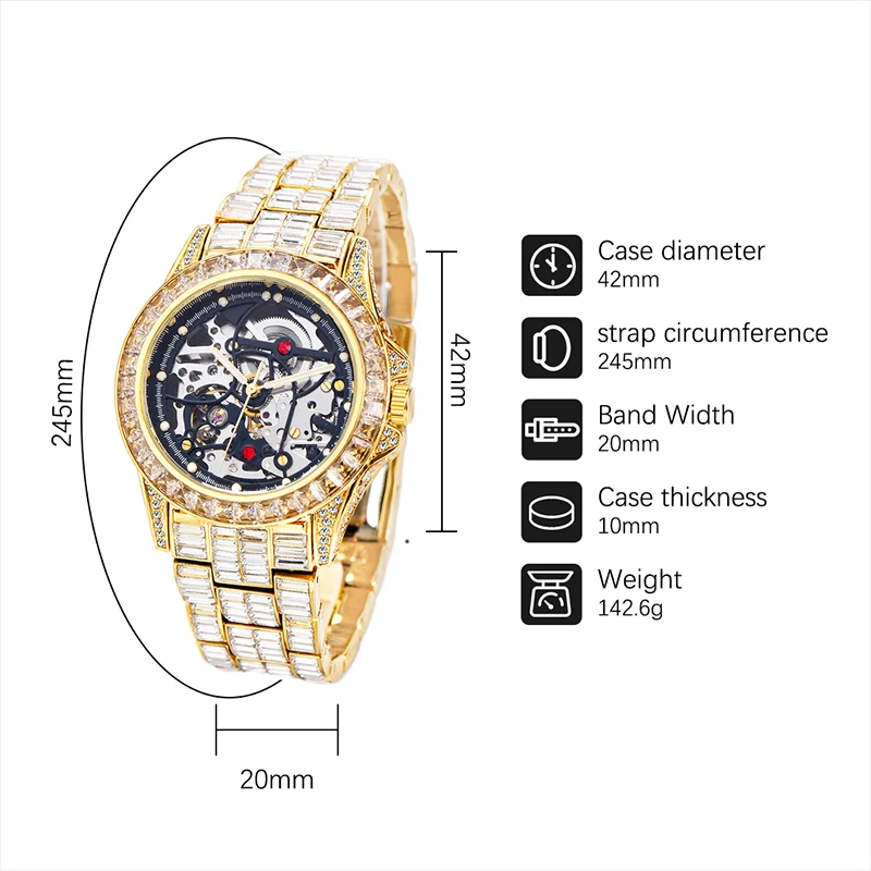 Hollow Mechanical Watches Men High End Hip Hop Diamond Auto Watch Luxury Ice Out Shiny Waterproof relogio masculino Dropshipping