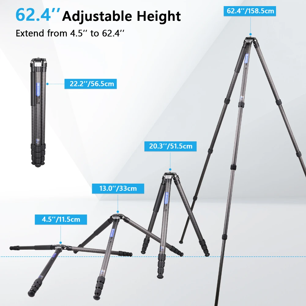 ARTCISE CT70C 158cm 카본 파이버 삼각대 29mm 튜브 전문가용 초안정&초경량 여행용 삼각대 (DSLR 카메라용, 최대 하중 20kg)