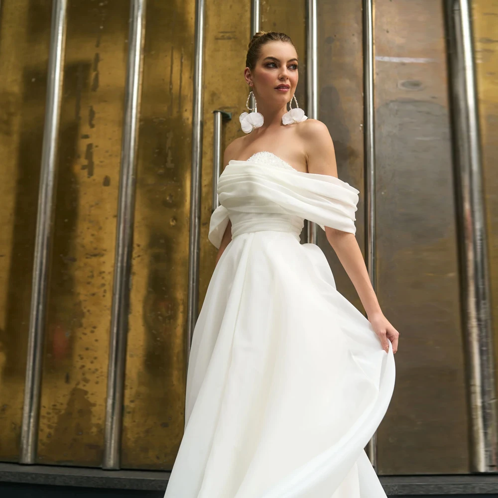 Vestido De Novia plisado con hombros descubiertos, traje elegante De Organza transparente, línea A, abertura alta