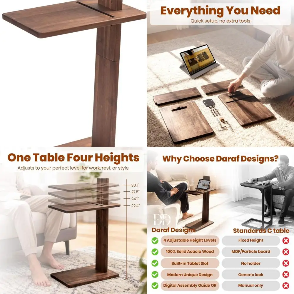 

Приставной столик из дерева акации с регулируемой высотой и держателем для планшета для дивана и кровати