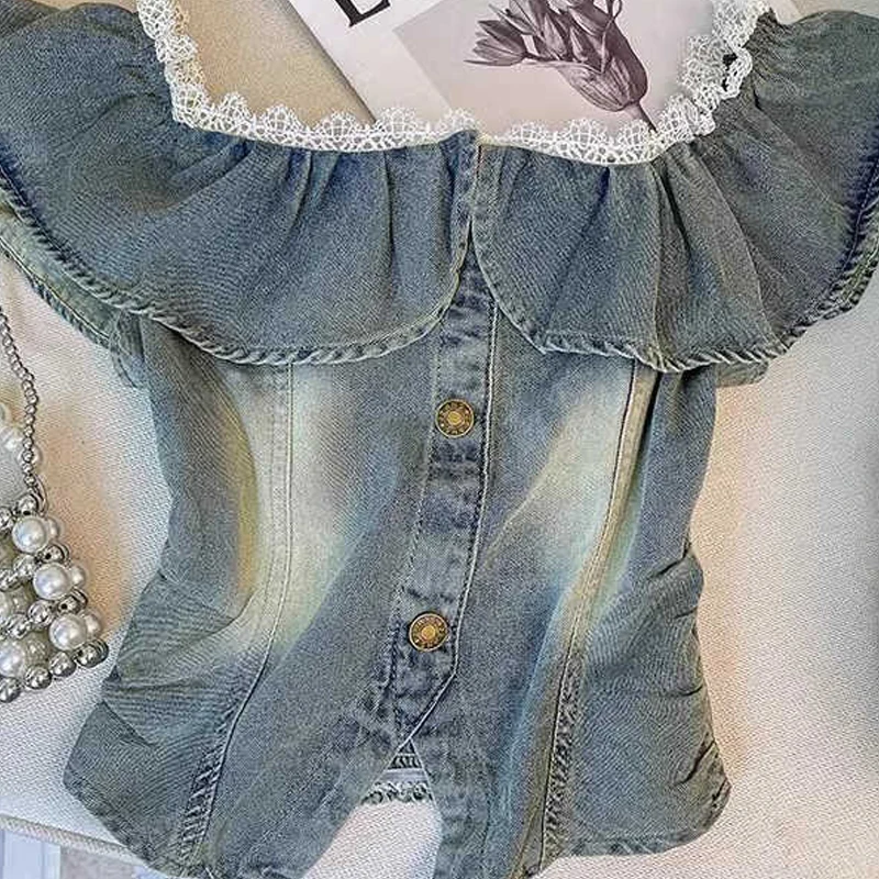 Retro Off  Shoulder Lace Splicing Denim Shirt for Women Summer Slim Button Short Top Korean Girls Design Sense Blouse ﻿