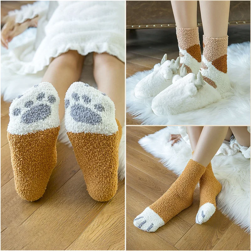 Winter Socks Women Thick Coral fleece Warm Socks Animal Cat Paw Cute Socks Girls Soft Floor Socks