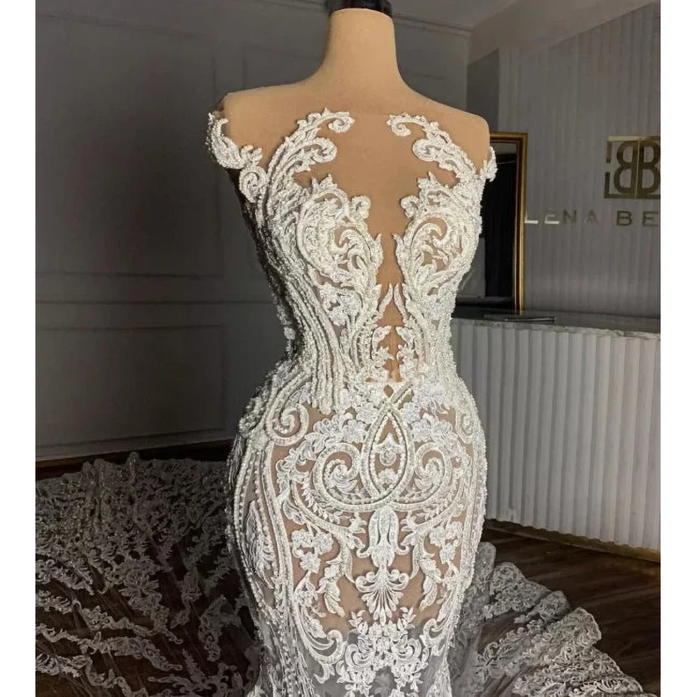 Elegant Appliques Wedding Dresses White Luxury Strapless Sleeveless Mermaid Gowns Fashion Court Train Women Bride Dresses