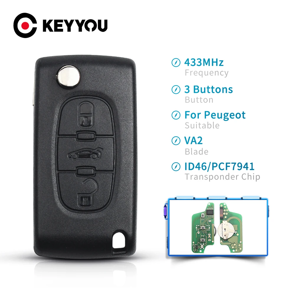 

KEYYOU For Citroen c5 c4 Flip Fob Remote Car Key 433Mhz ID46 PCF7941 Chip With Uncut VA2 Blade Auto Key 3 Button