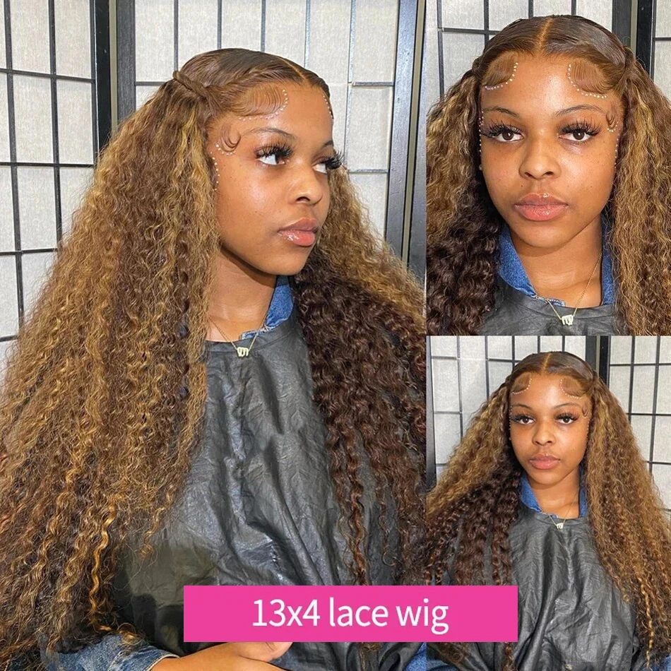 Perruque Lace Front Wig Deep Wave Brésilienne Naturelle, Cheveux Bouclés, Ombrés à Reflets, 13x6, P427, 13x4, 40 Pouces