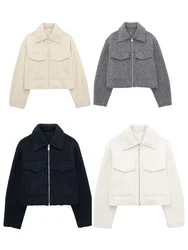 Tangada 2024 Women Oversized Wool Jacket Bomber Zipper Female Crop Coat 3H783