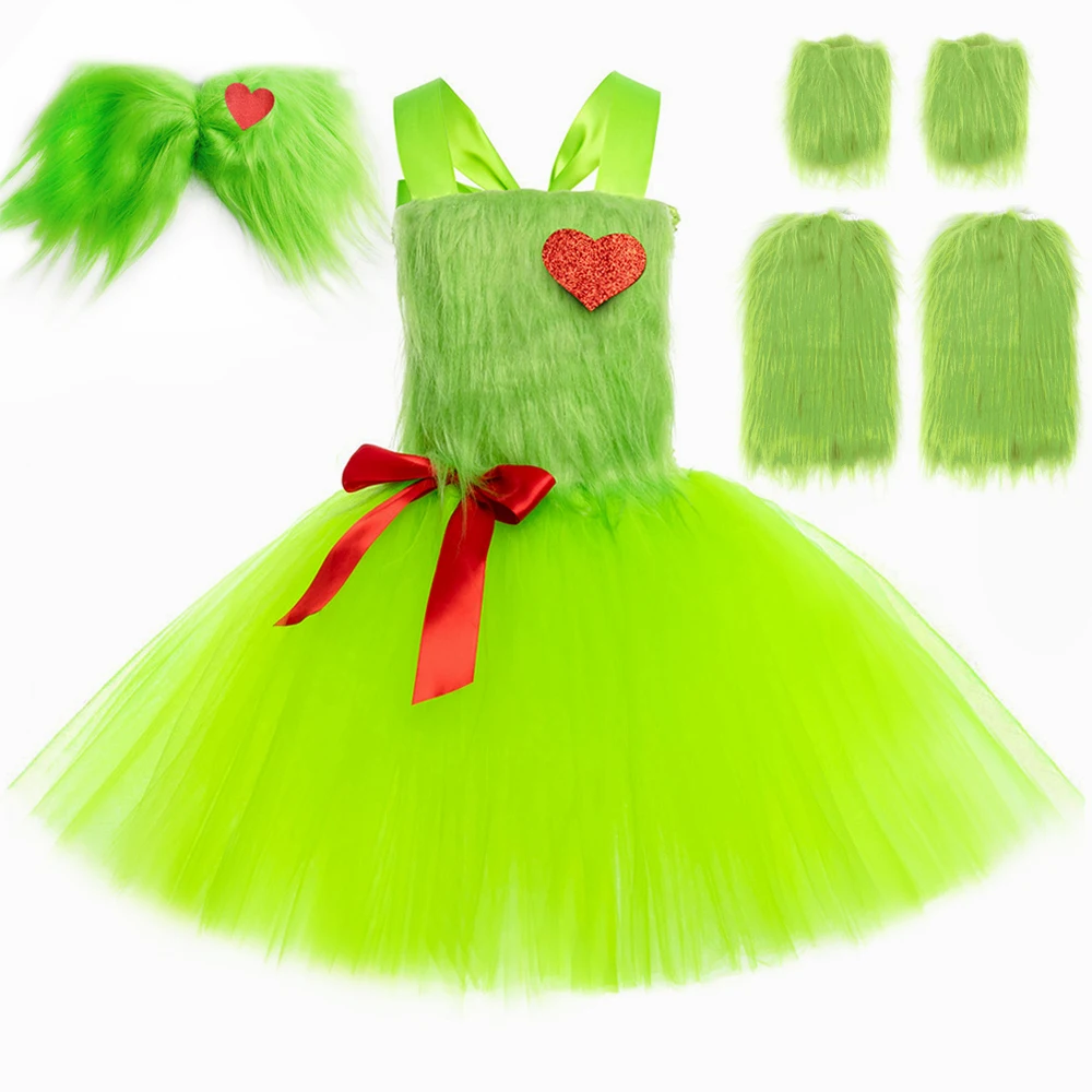 Kids Santa Claus Grinch Costume Girls Christmas Tutu Dress Green Fur Monster Costumes for Girls