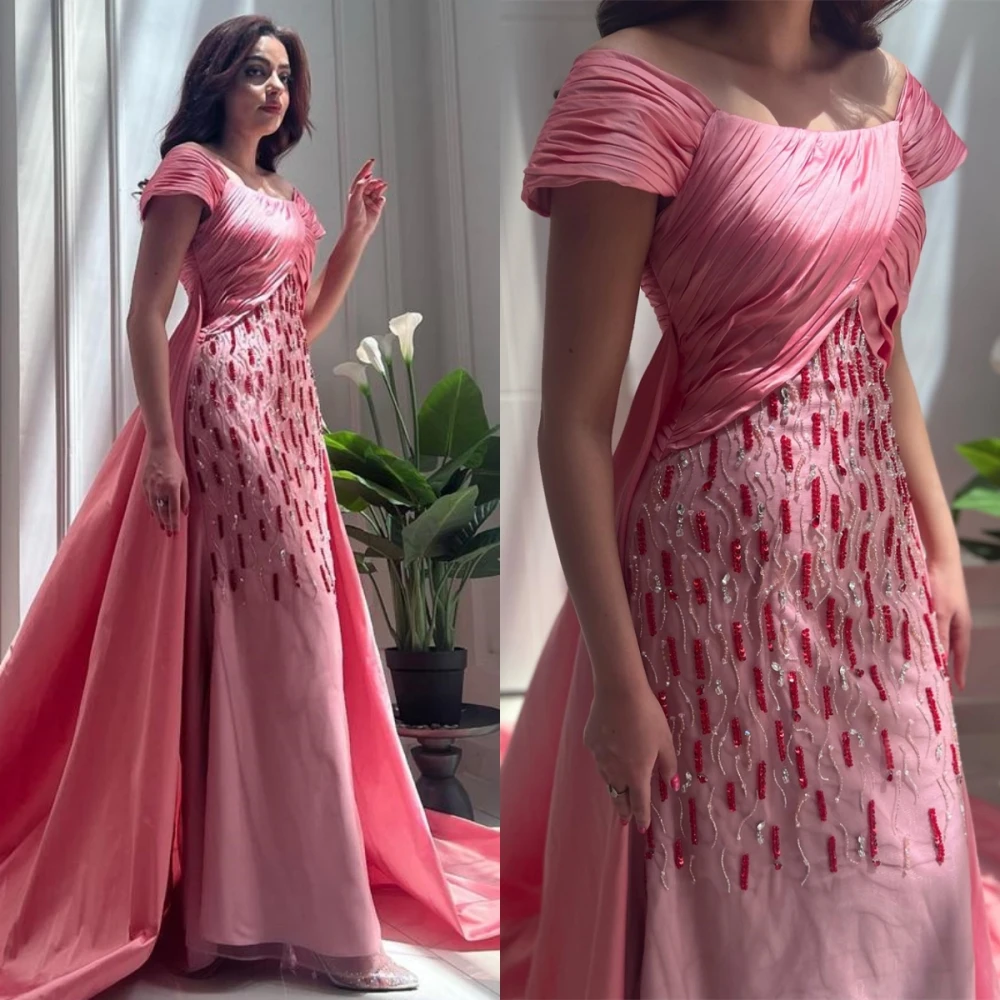 Gaun Prom payet kerah kotak elegan gaun malam Formal lengan pendek selantai balutan Sheath Dresses