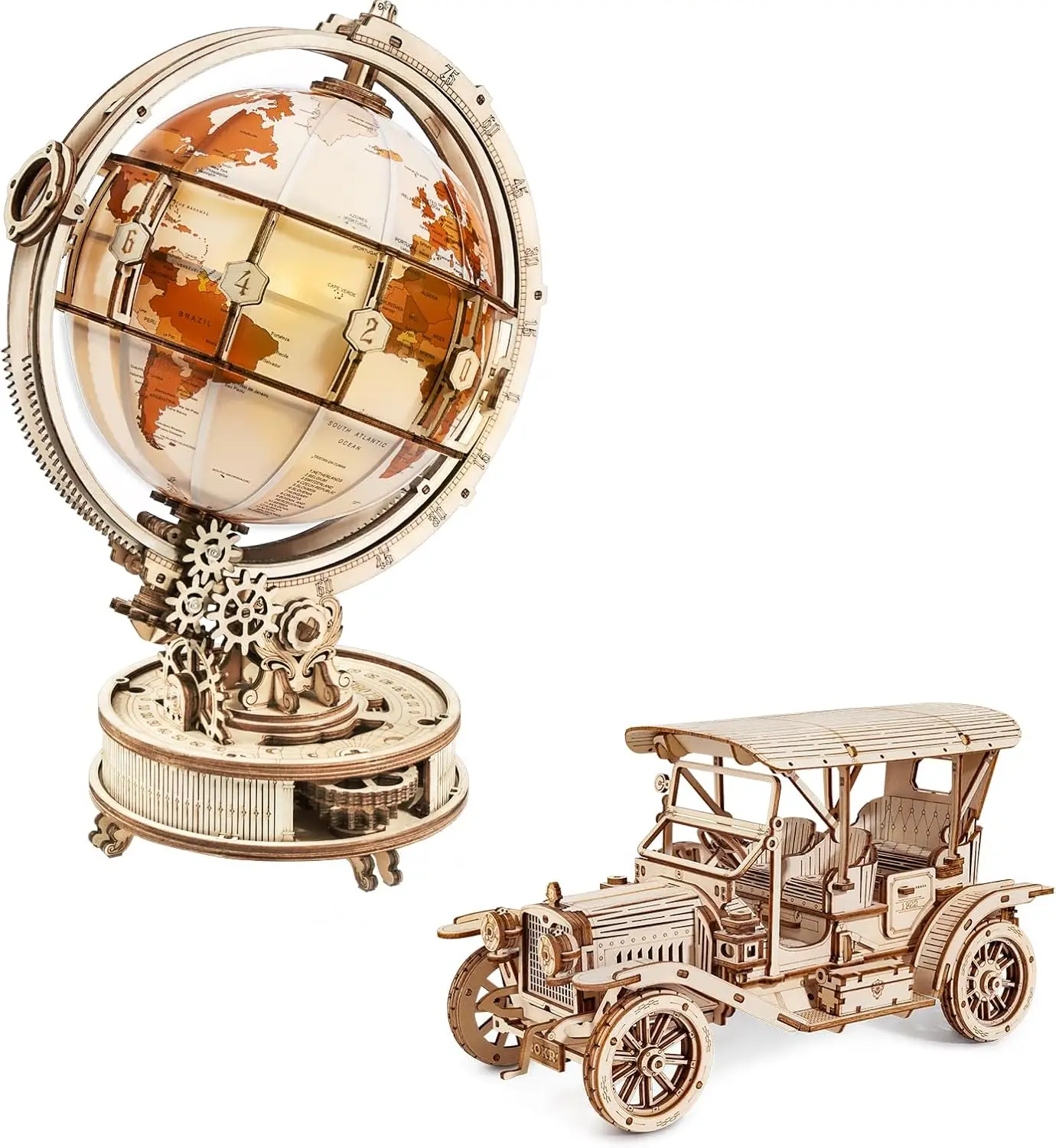 

3D Wooden Puzzles for Adults Bundle Set - Illuminous Globe & Vintage Car, Unique Collectible Gift Hobby for Boys Girls Family
