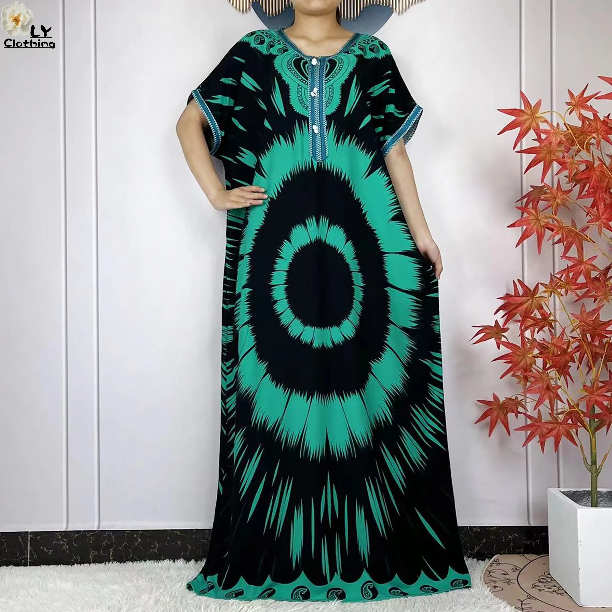 New 2024 Summer Party Dress Women Loose Cotton Short Sleeve Maxi Robe Femme Musulmane African Printing Floral Abaya Vestidos