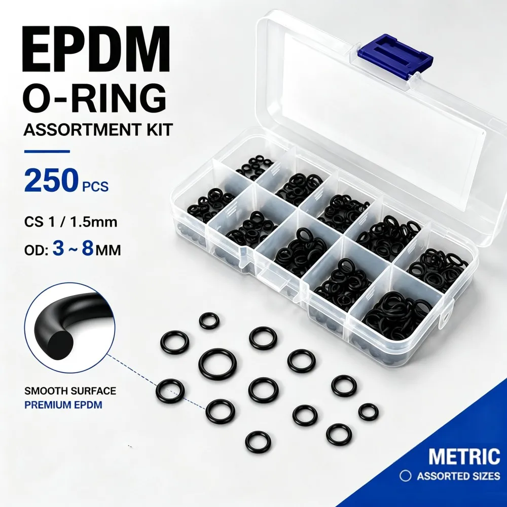 250Pcs Black EPDM O Ring Repair Kit CS1/1.5mm OD3-8mm Acid Alkali Resistant Waterproof Rubber Seals O-Type Sealing Ring