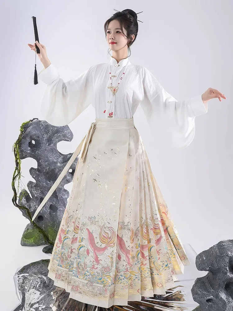 Original Min Dynasty Style  Tailed Skirt Women's Hanfu New Chinese Style High Waist A-Line Skirt for Daily Wear