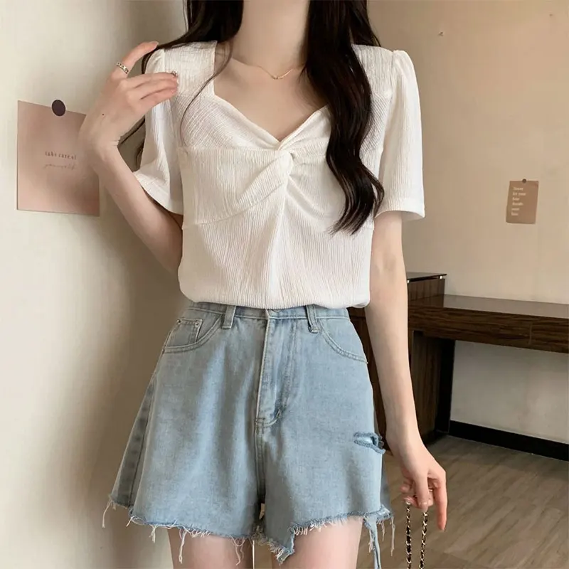 Women\'s Summer Fashion Elegant Solid Color Pleated V-neck Short Sleeve T-Shirt Women Clothes Office Lady All-match Loose Tops