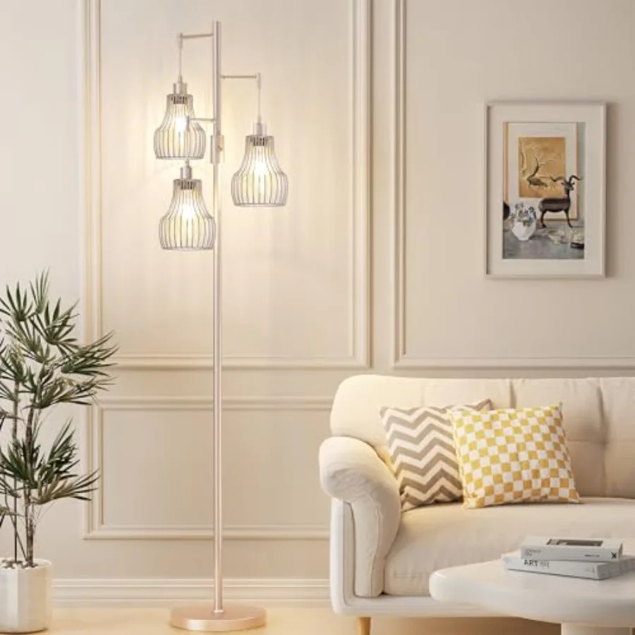 

Dimmable Floor Lamps for Living Room Industrial Tree Standing Tall Lamps with 3 Elegant Cage Shade and 650 Lumens LED Bulbs for