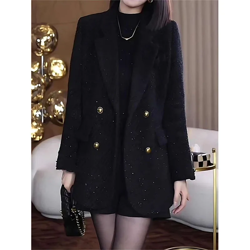 

Fashion Black Lapel Suit Jacket Women Spring Autumn Winter Outerwear 2025 New Women's Blazer high-end Double-breasted Suit Coat