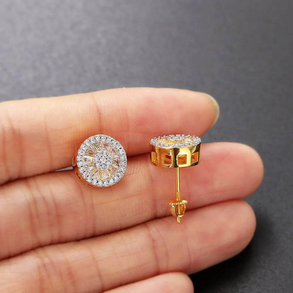 Round Crystal Stud Earrings for Women Gold Color Cubic Zirconia Hip Hop Earring Mens Jewelry Bulk Items Wholesale Lots OHE123