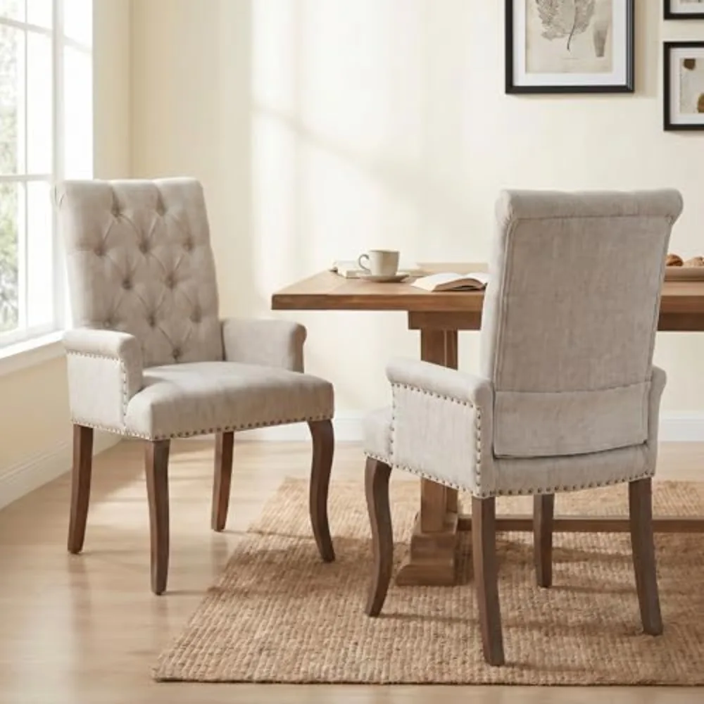 Upholstered Dining Chairs with Arms Set of 2, Greyish Beige, 2 Pack | Tufted Chenille Kitchen Chairs with Arms, Modern