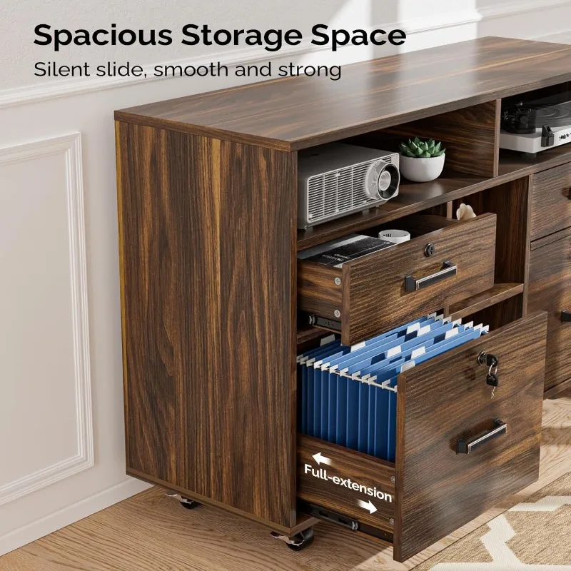 VINGLI Wide 4 Drawer File Cabinet with Lock, Wood Lateral File Cabinet with Open Shelves, Lockable Rolling File Cabinets