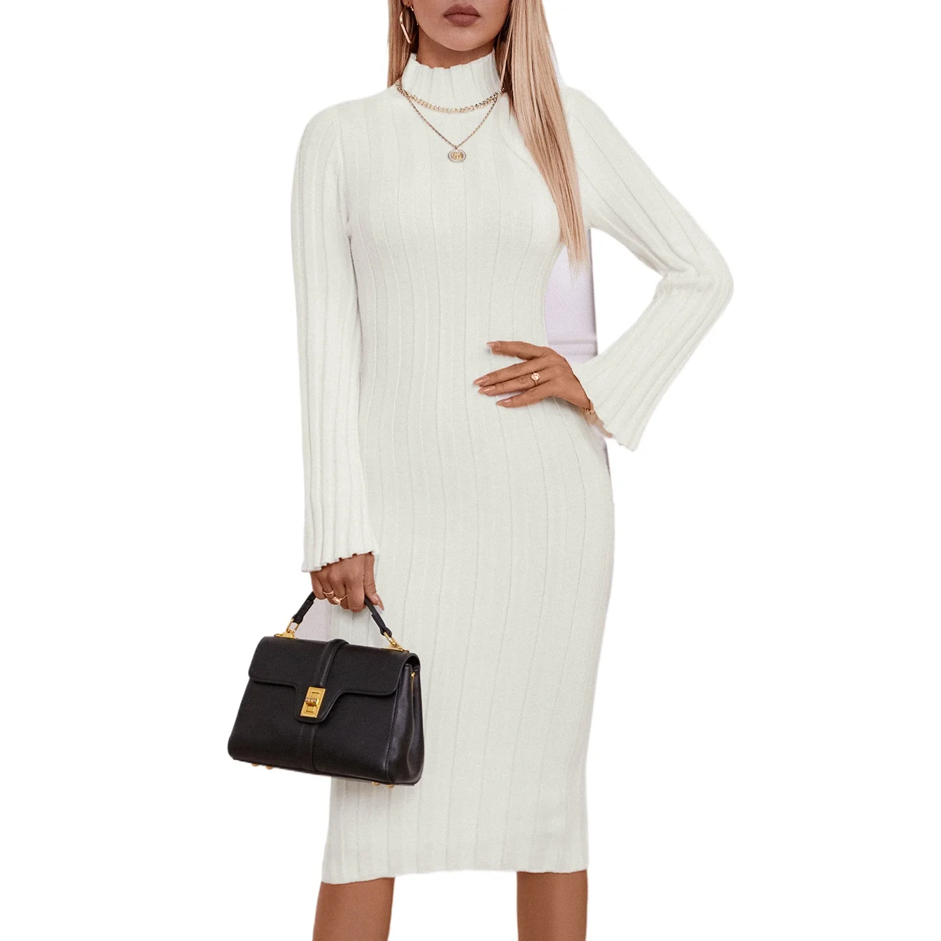 Foreign trade knitted long tight high elastic dress autumn and winter new Amazon fashion turtleneck sweater skirt