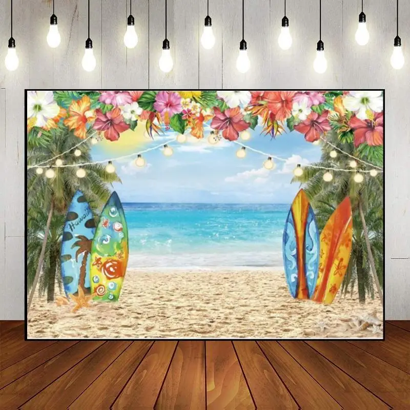 Summer Hawaiian Pool Beach Tropical Surfing Baby Shower Background Party Birthday Decoration Photo Banner Custom Backdrop Travel