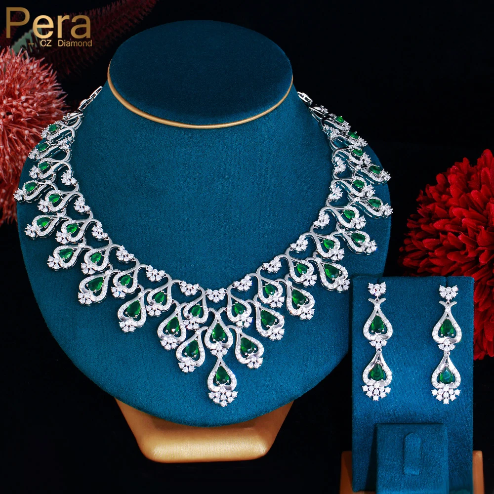 Pera Gorgeous Green Cubic Zirconia Bridal Jewelry Sets Long Pendant Necklace Earrings for Women Wedding Dress Accessories J509